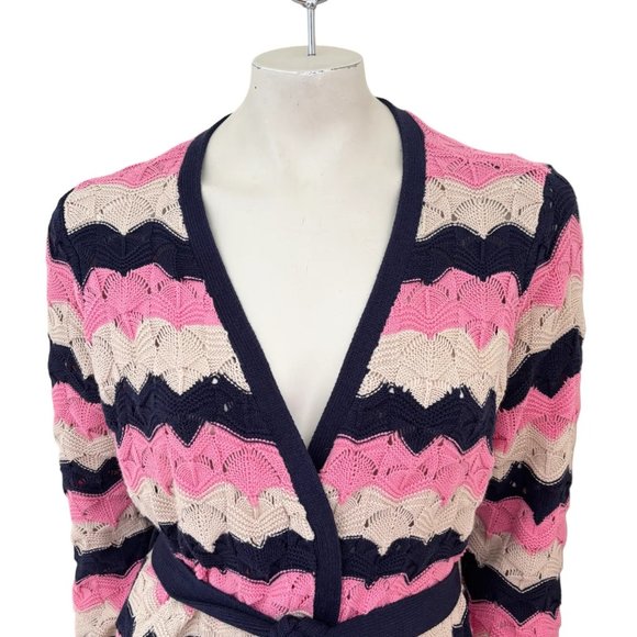 LAURIE FELT Pointelle Knit Belted Duster Cardigan  Navy Pink Beige SZ MP - Picture 4 of 13
